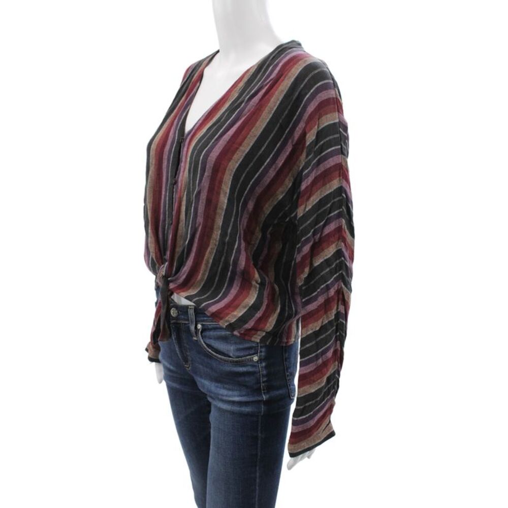 Rails Women Cropped Striped Black V-Neck Long Sleeve Blouse Size M